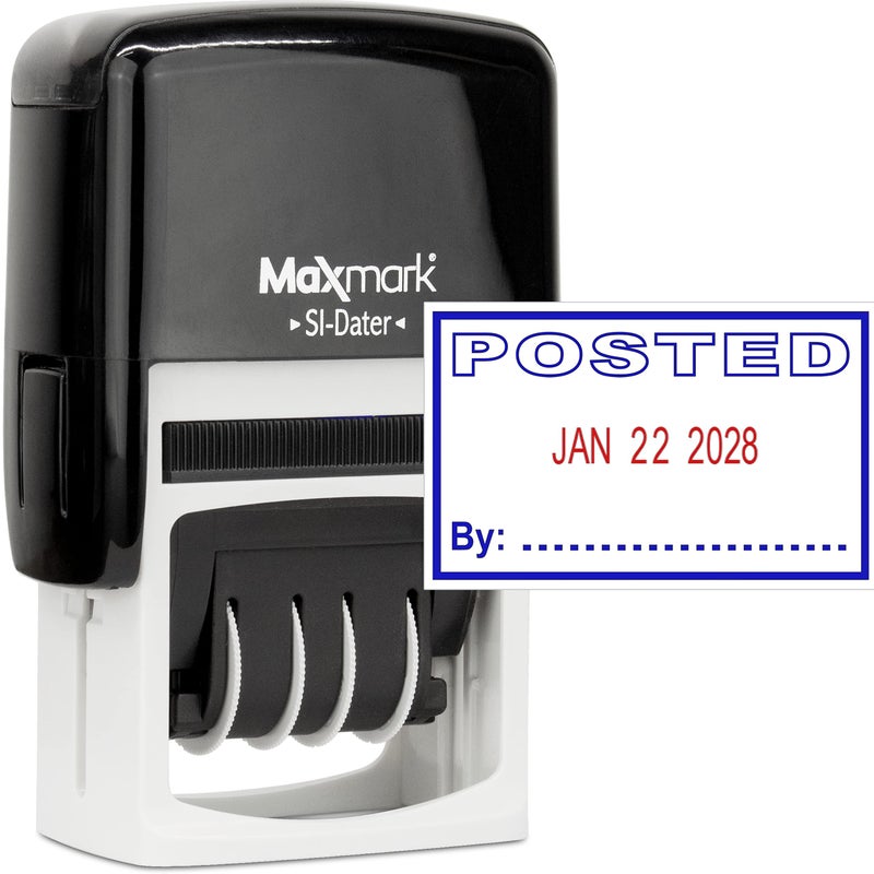 MaxMark Office Self Inking Date Stamp with Phrase Posted - 2 Color Blue/Red Ink - Image 1